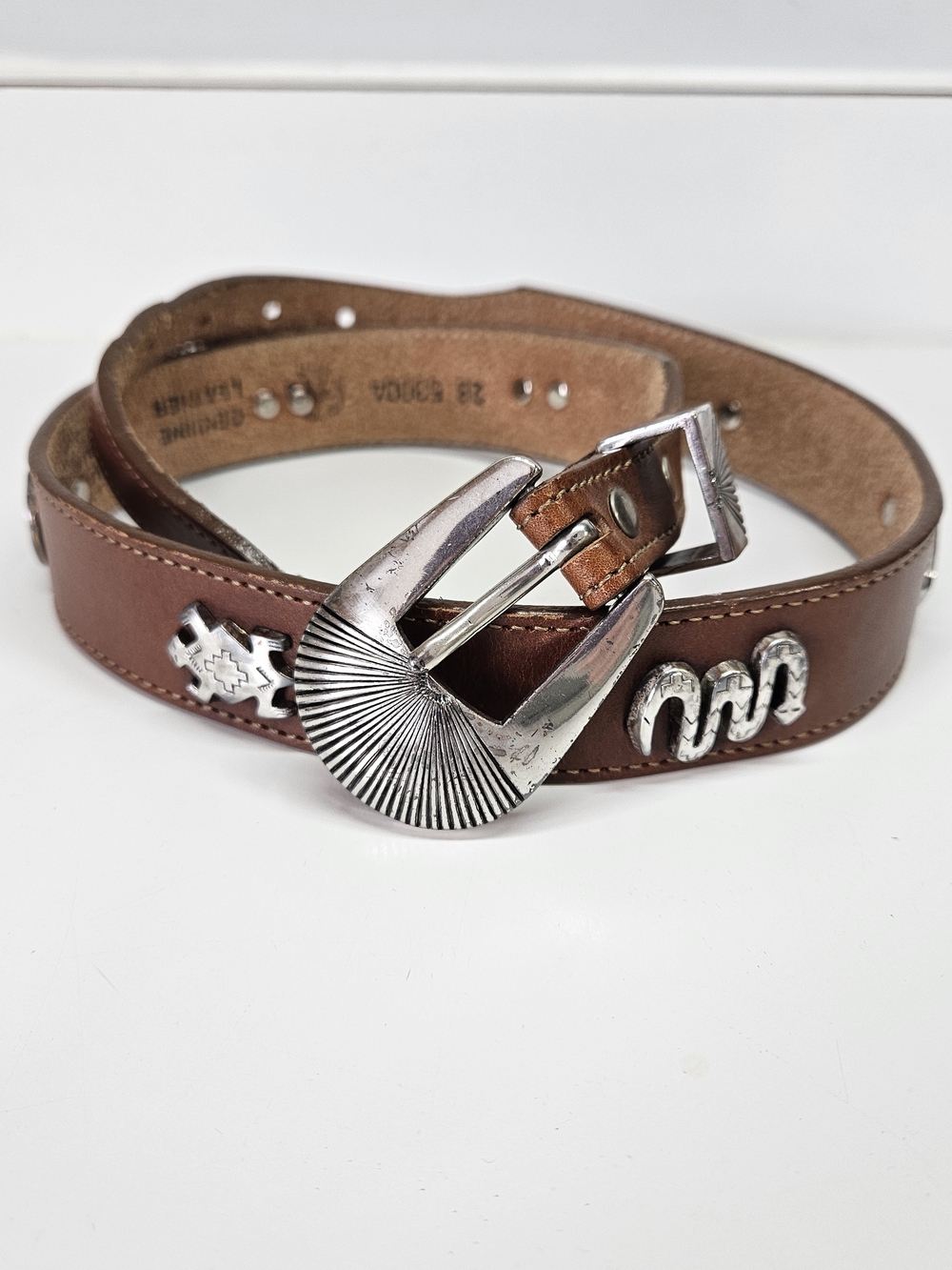 VINTAGE Western SilverCreek Genuine Leather Aztec Animal Belt 28 - 31"